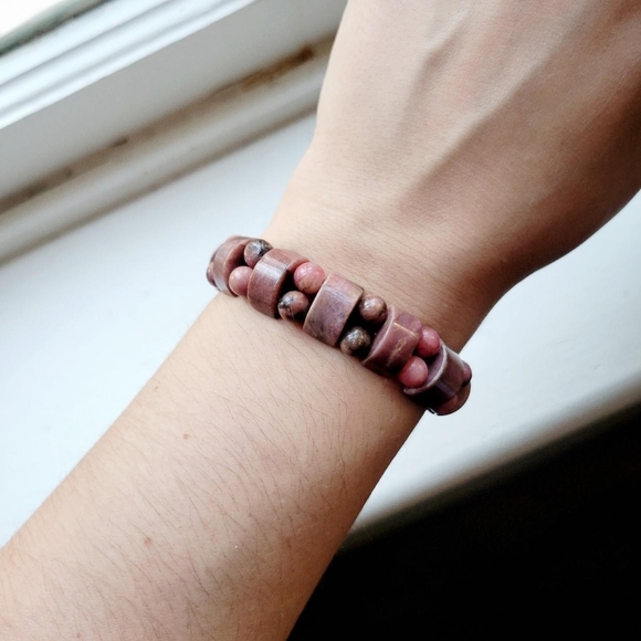 Vintage Natural Rhodonite Boho Beaded Bracelet - Picture 2 of 7